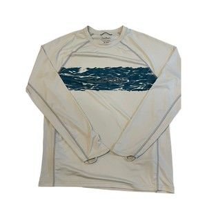 L. L. Bean Men's Tan Long Sleeve Shirt Water Wave Print‎ Strip Size M